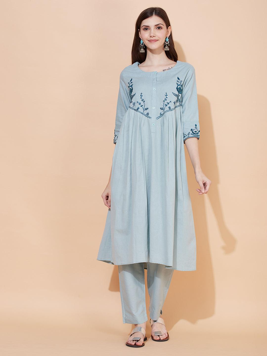 Floral Hand Embroidered A-Line Kurta with Pants - Powder Blue - Indiakreations