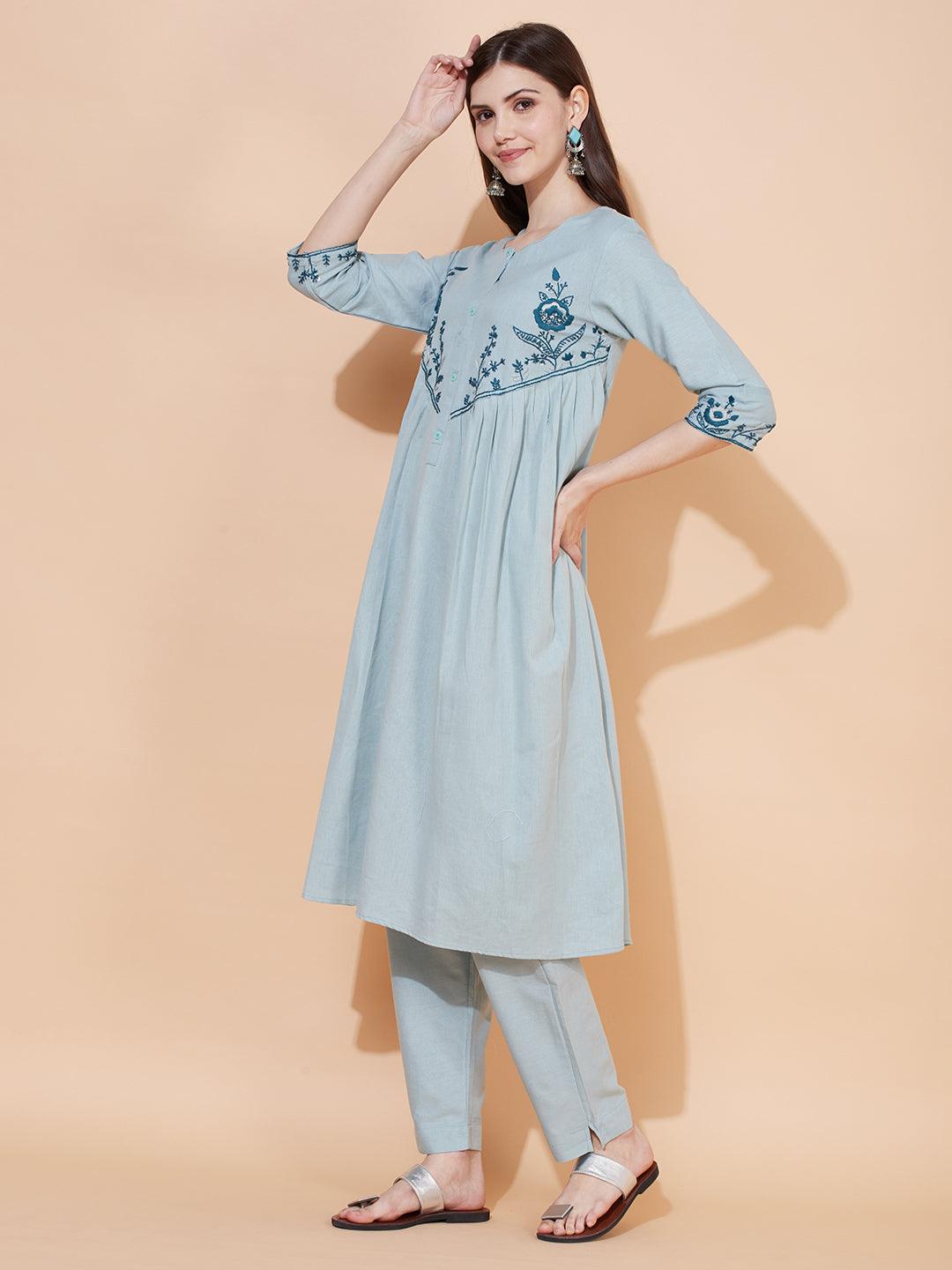 Floral Hand Embroidered A-Line Kurta with Pants - Powder Blue - Indiakreations