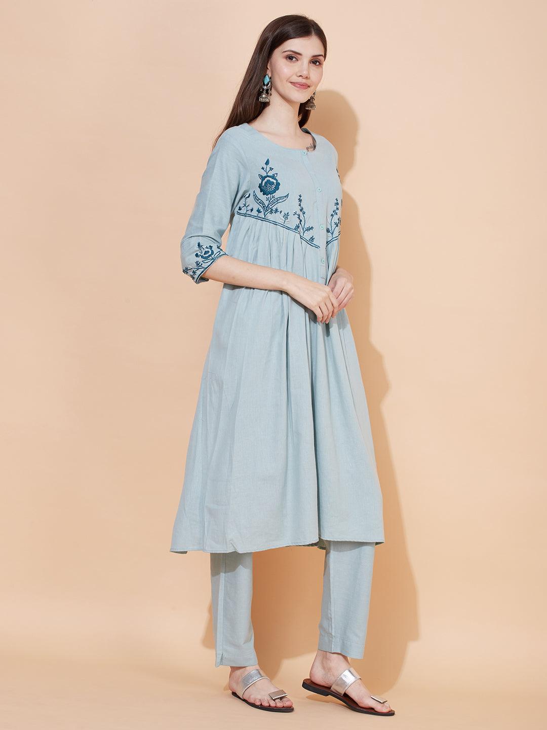 Floral Hand Embroidered A-Line Kurta with Pants - Powder Blue - Indiakreations