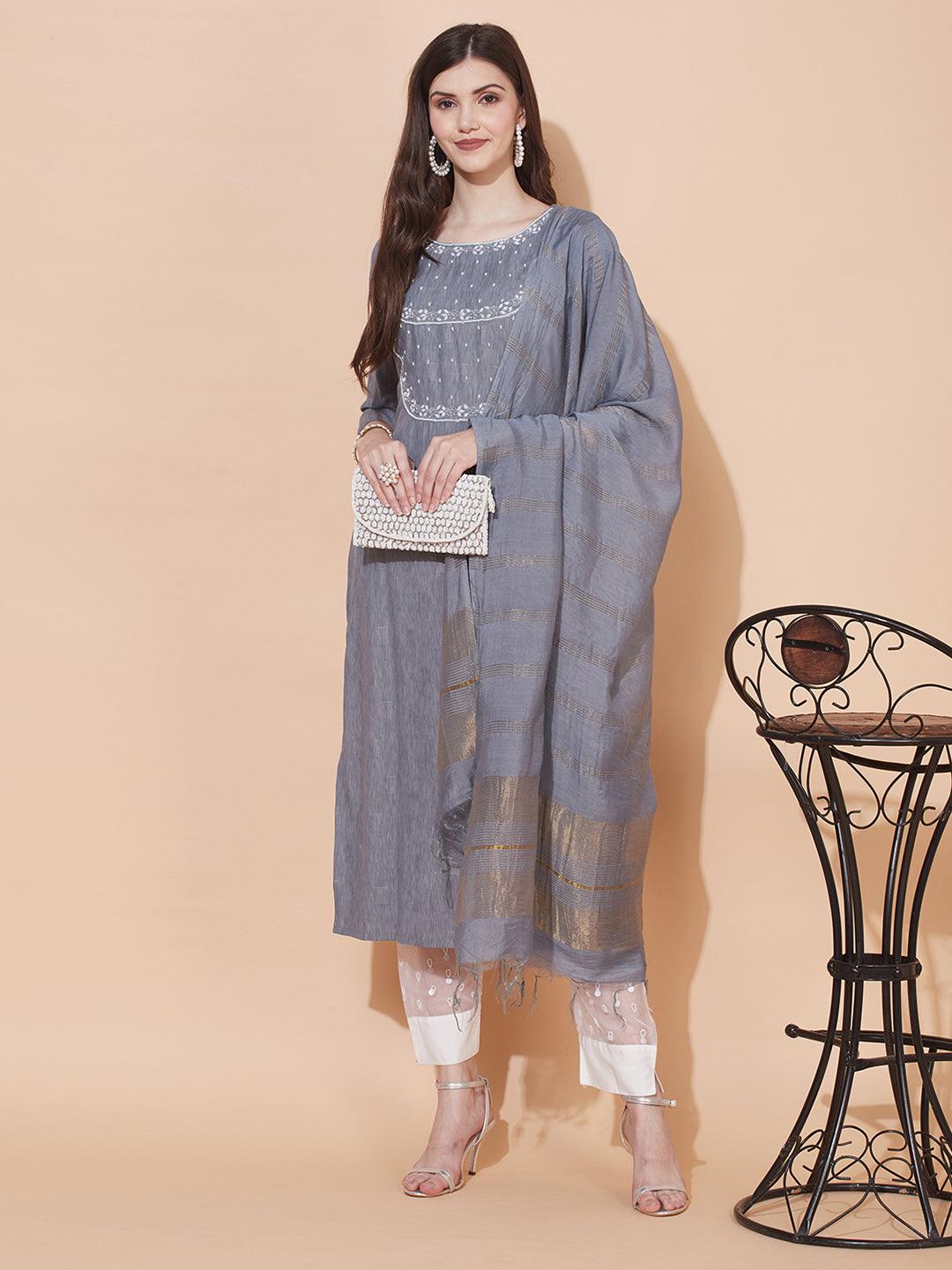 Ethnic Woven & Hand Embroidered Straight Kurta with Dupatta – Gray - Indiakreations