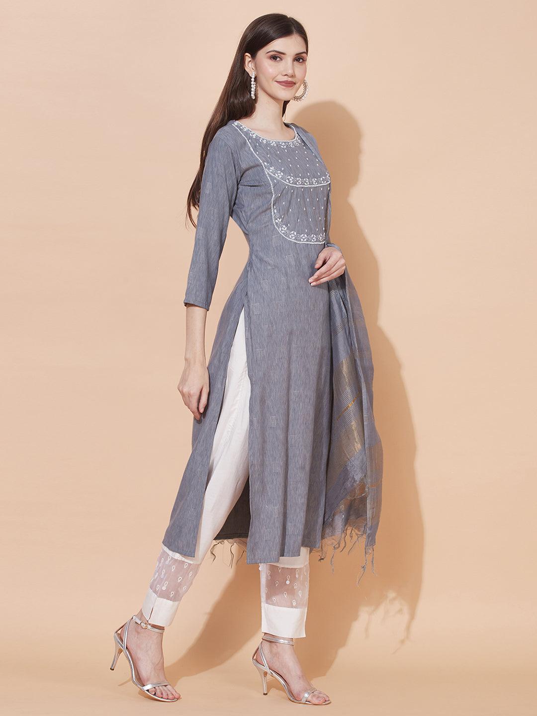 Ethnic Woven & Hand Embroidered Straight Kurta with Dupatta – Gray - Indiakreations