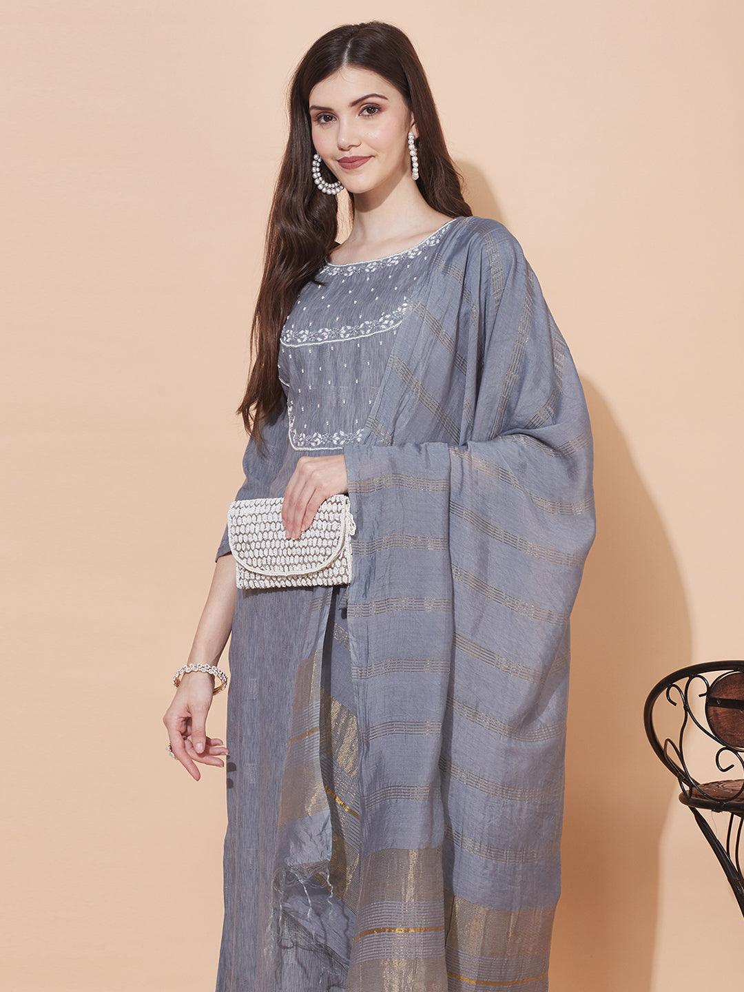 Ethnic Woven & Hand Embroidered Straight Kurta with Dupatta – Gray - Indiakreations