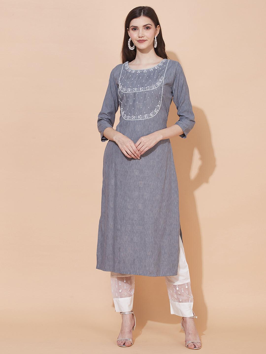 Ethnic Woven & Hand Embroidered Straight Kurta with Dupatta – Gray - Indiakreations