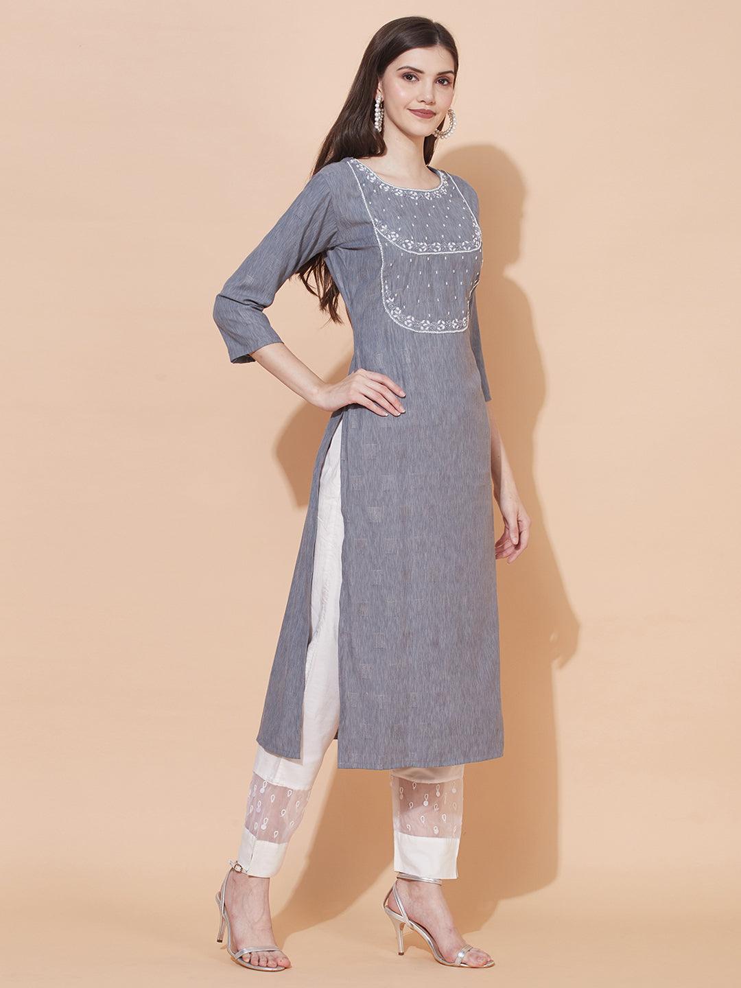 Ethnic Woven & Hand Embroidered Straight Kurta with Dupatta – Gray - Indiakreations