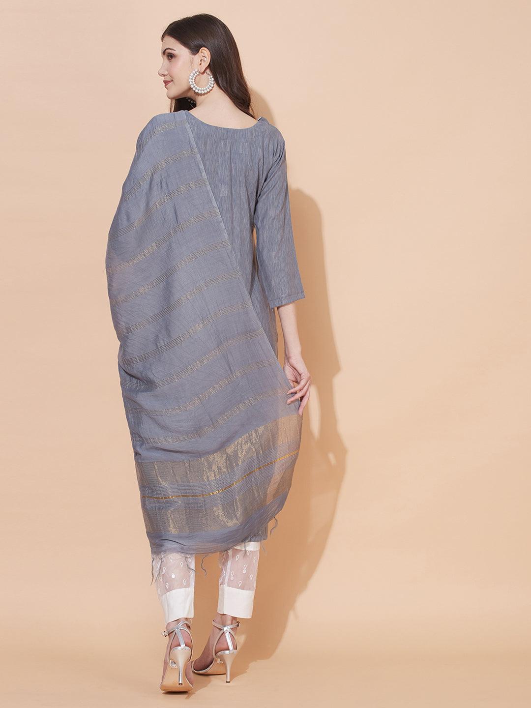 Ethnic Woven & Hand Embroidered Straight Kurta with Dupatta – Gray - Indiakreations