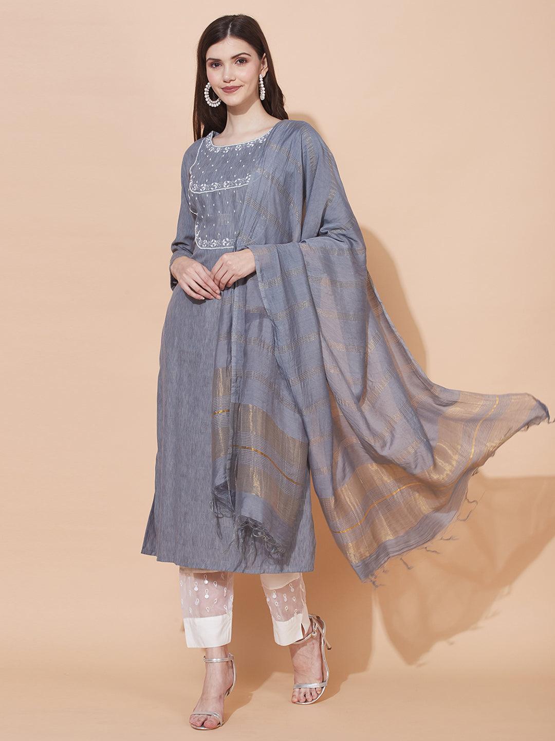 Ethnic Woven & Hand Embroidered Straight Kurta with Dupatta – Gray - Indiakreations