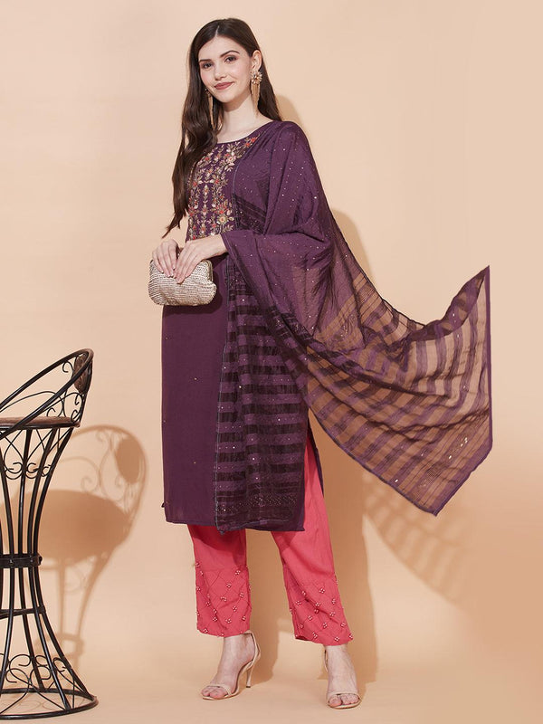 Floral Hand Embroidered Straight Fit Kurta & Dupatta - Purple - Indiakreations