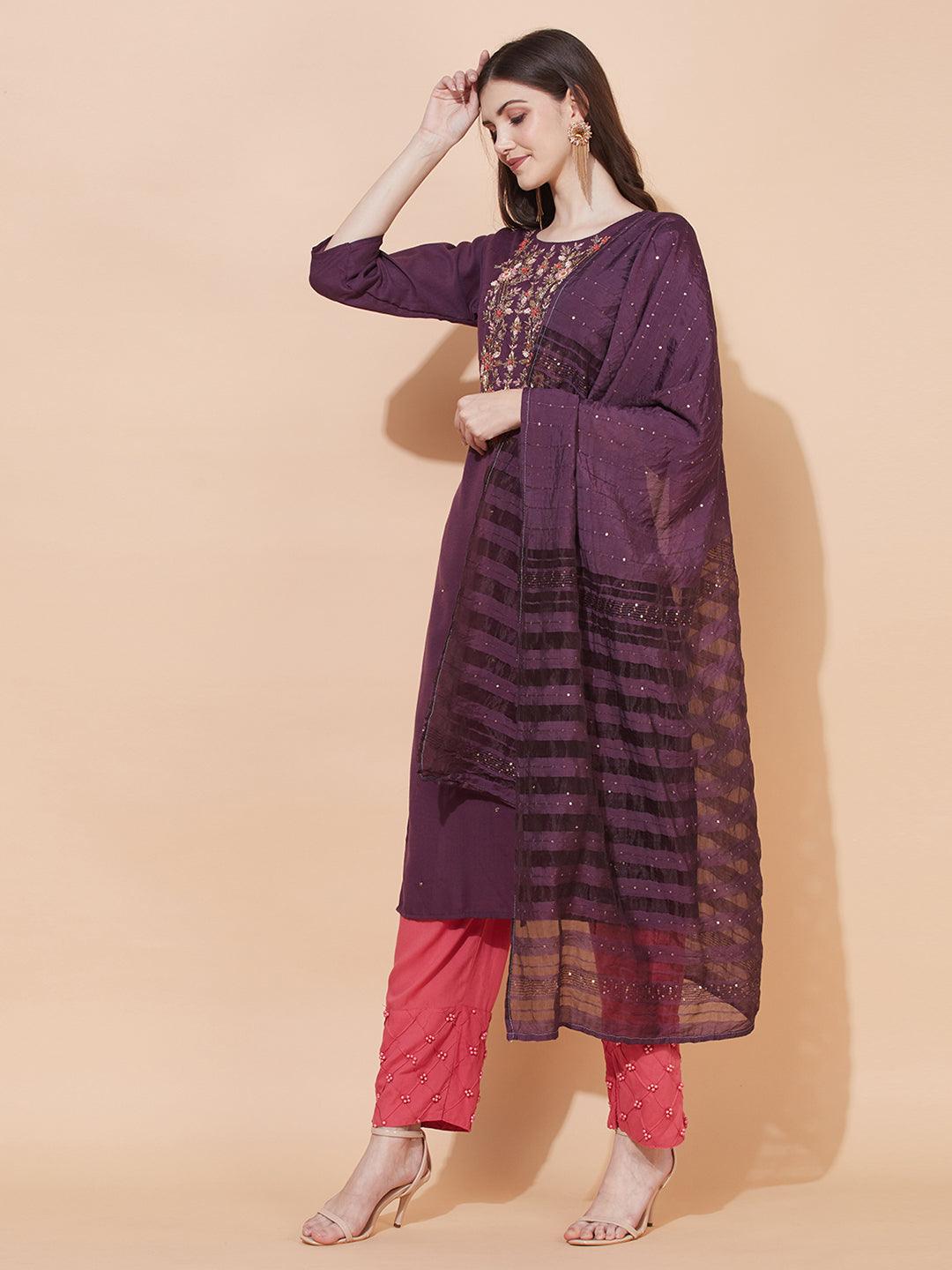 Floral Hand Embroidered Straight Fit Kurta & Dupatta - Purple - Indiakreations