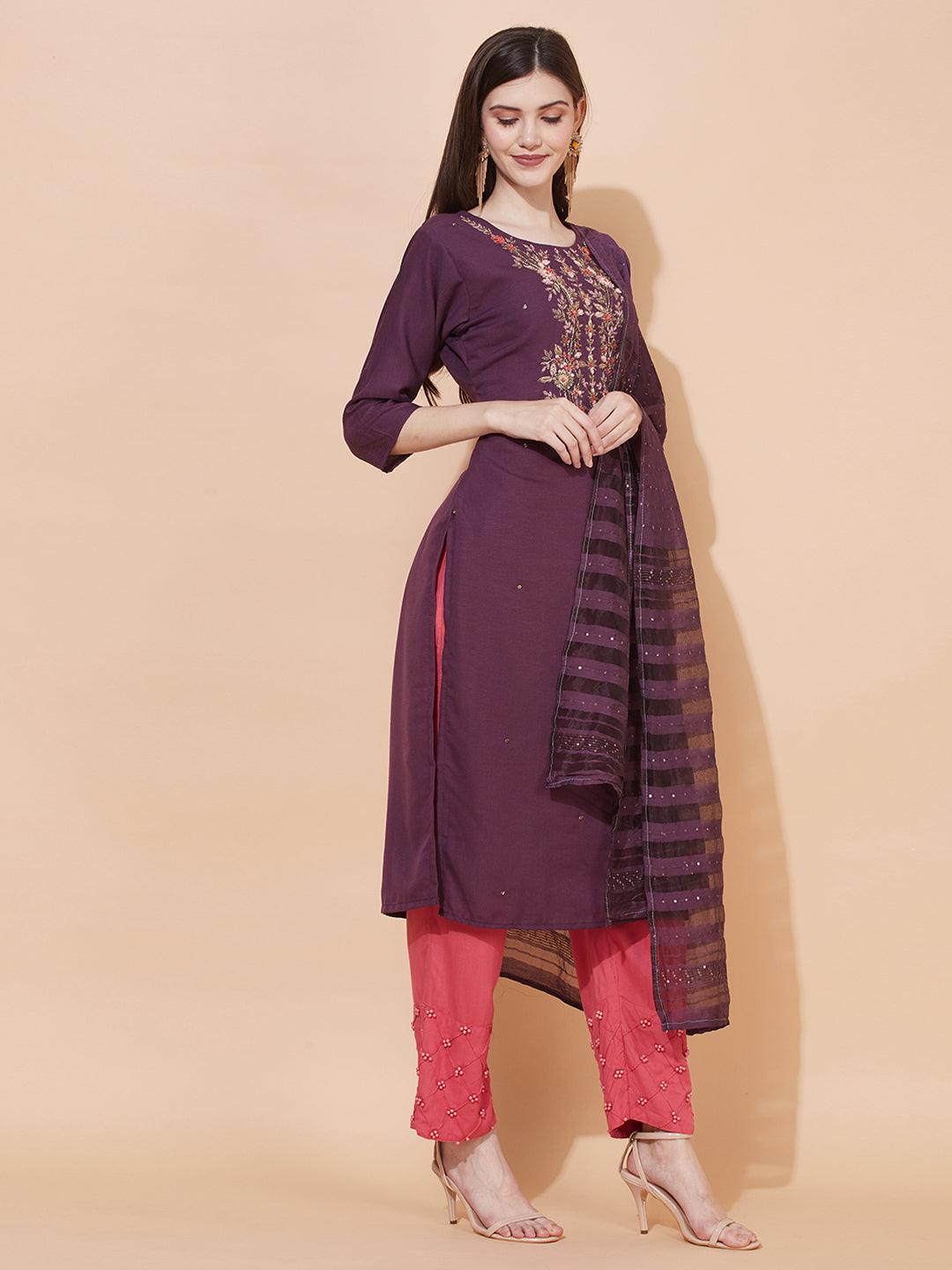 Floral Hand Embroidered Straight Fit Kurta & Dupatta - Purple - Indiakreations