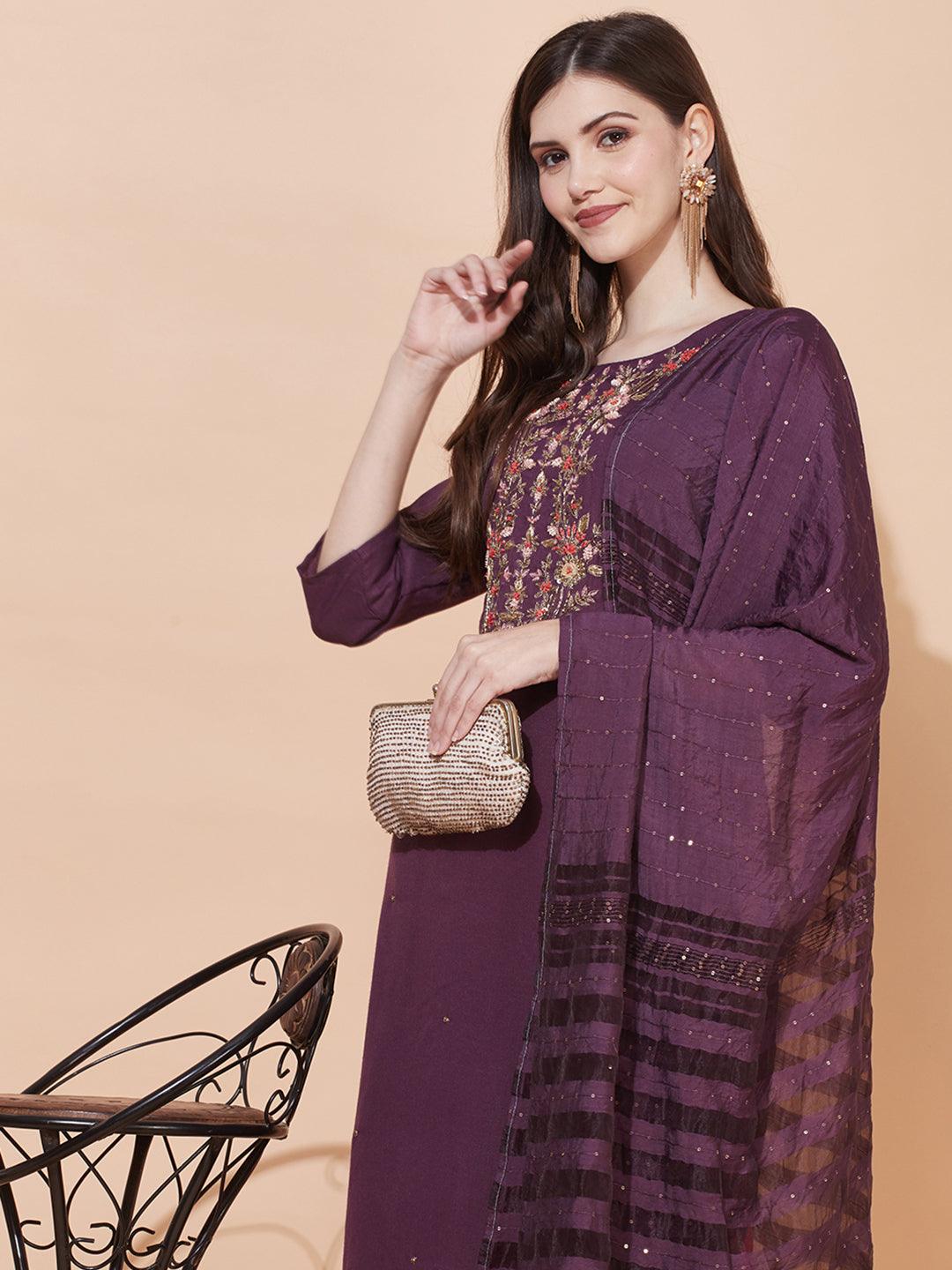 Floral Hand Embroidered Straight Fit Kurta & Dupatta - Purple - Indiakreations