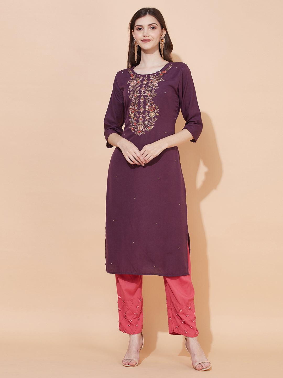 Floral Hand Embroidered Straight Fit Kurta & Dupatta - Purple - Indiakreations