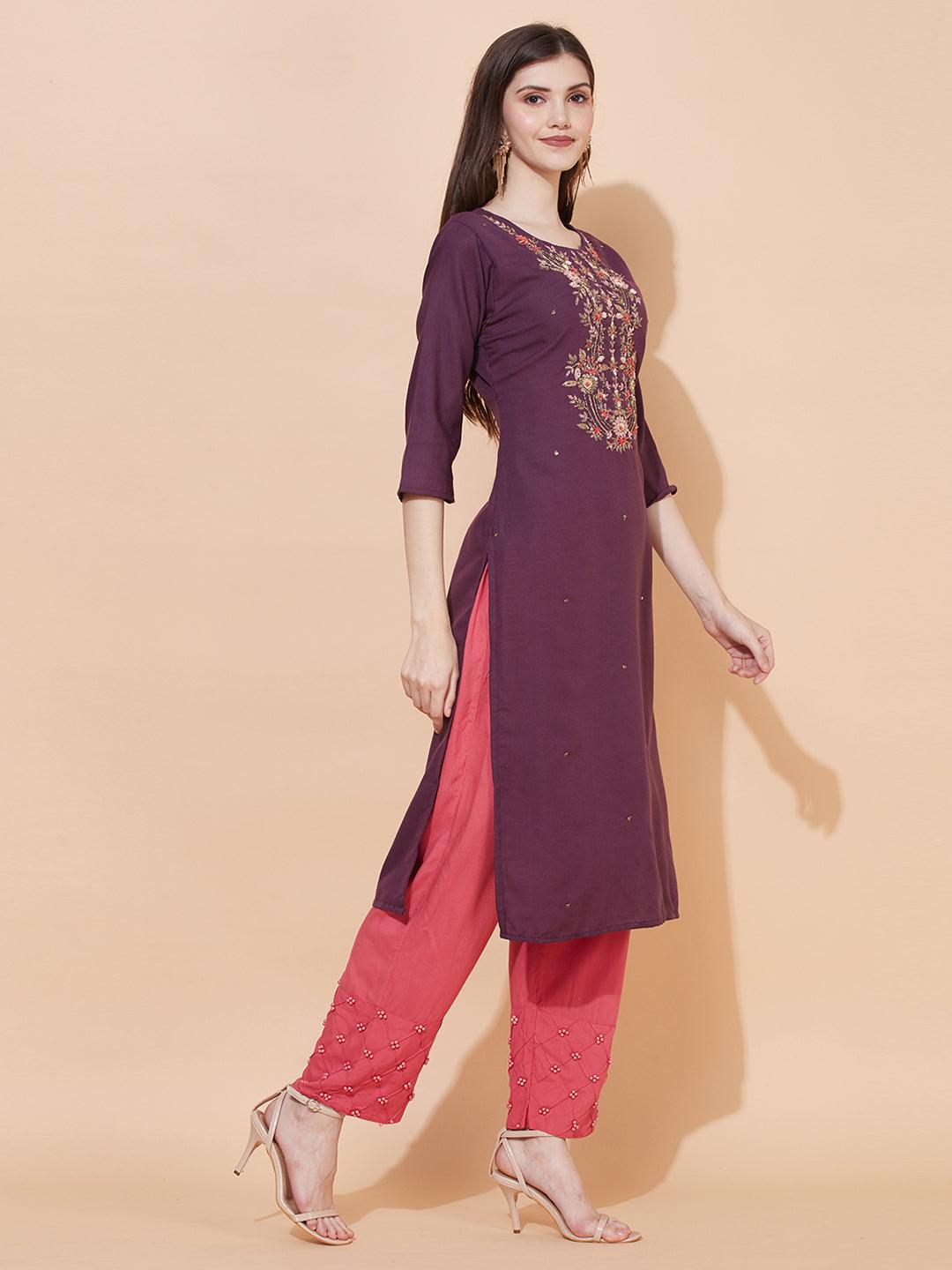 Floral Hand Embroidered Straight Fit Kurta & Dupatta - Purple - Indiakreations