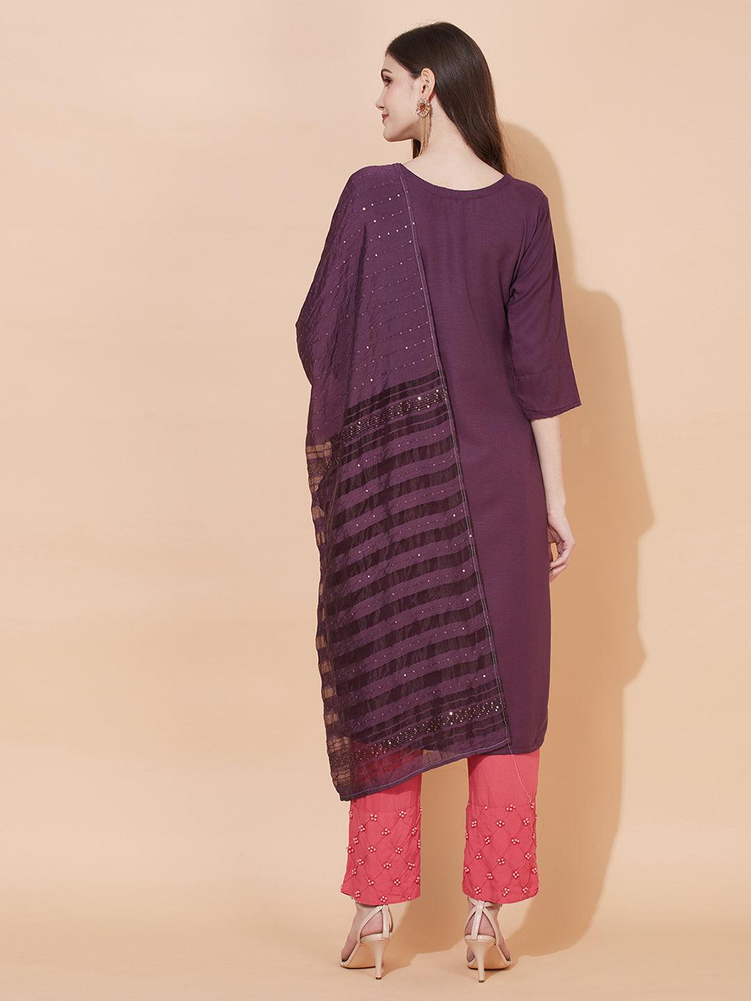 Floral Hand Embroidered Straight Fit Kurta & Dupatta - Purple - Indiakreations