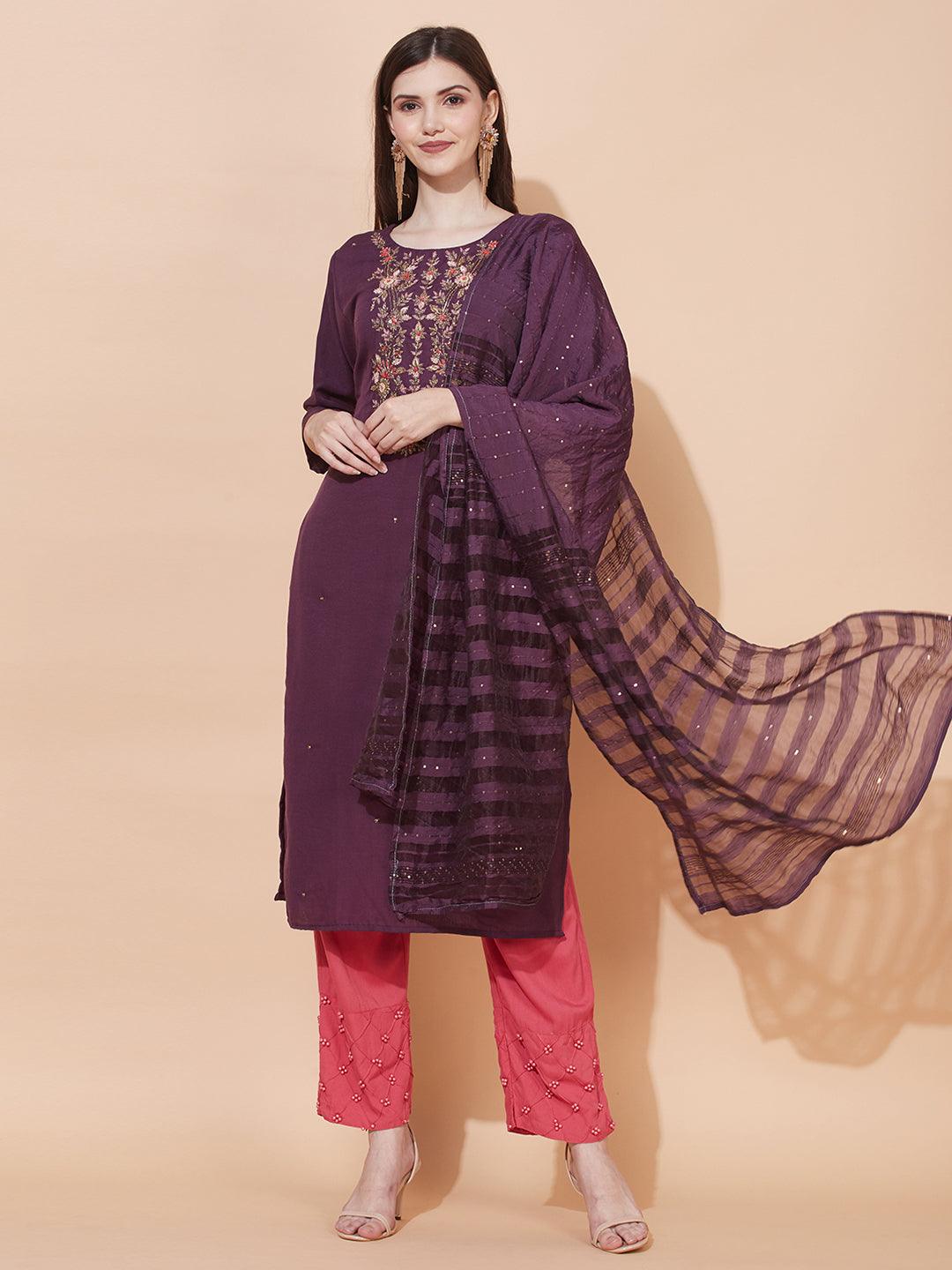 Floral Hand Embroidered Straight Fit Kurta & Dupatta - Purple - Indiakreations