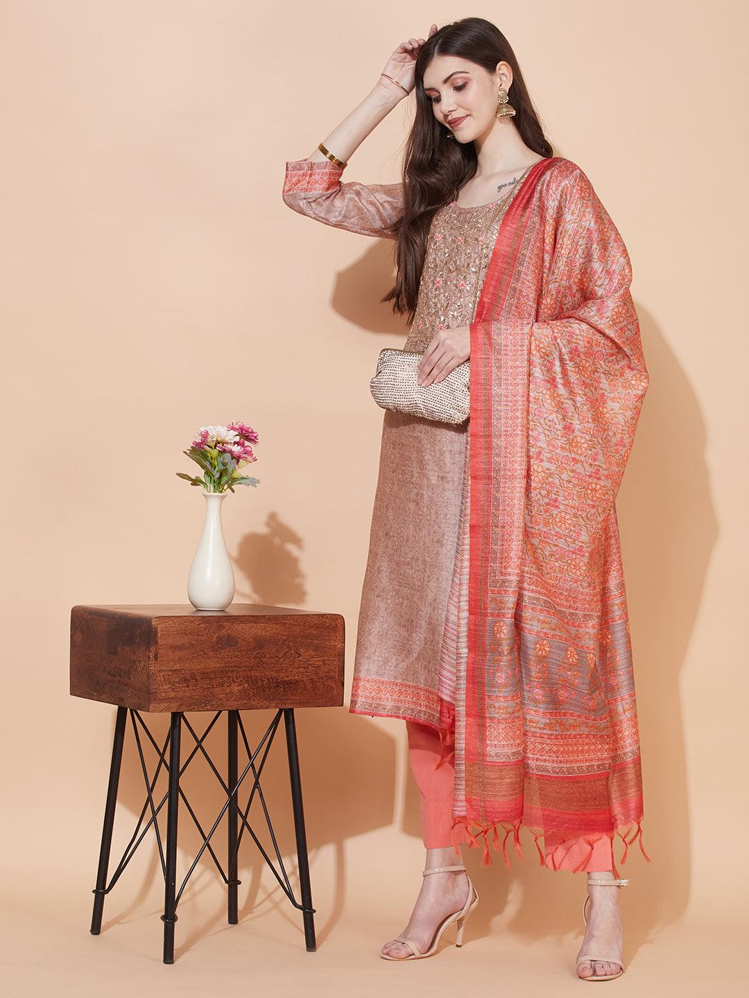 Floral Printed & Hand Embroidered Straight Fit Kurta with Dupatta - Light Brown - Indiakreations