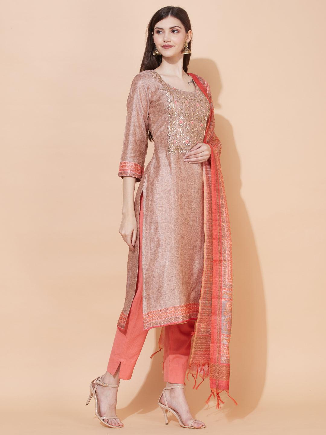 Floral Printed & Hand Embroidered Straight Fit Kurta with Dupatta - Light Brown - Indiakreations