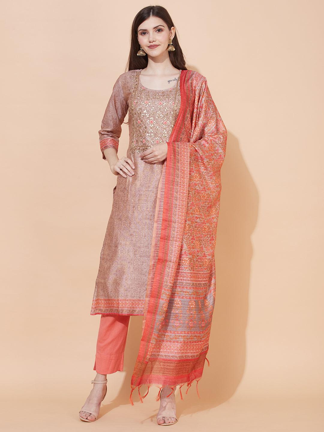 Floral Printed & Hand Embroidered Straight Fit Kurta with Dupatta - Light Brown - Indiakreations