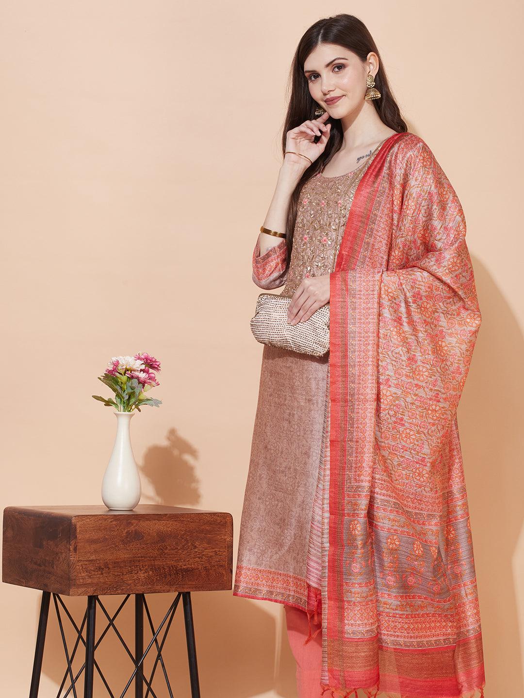 Floral Printed & Hand Embroidered Straight Fit Kurta with Dupatta - Light Brown - Indiakreations