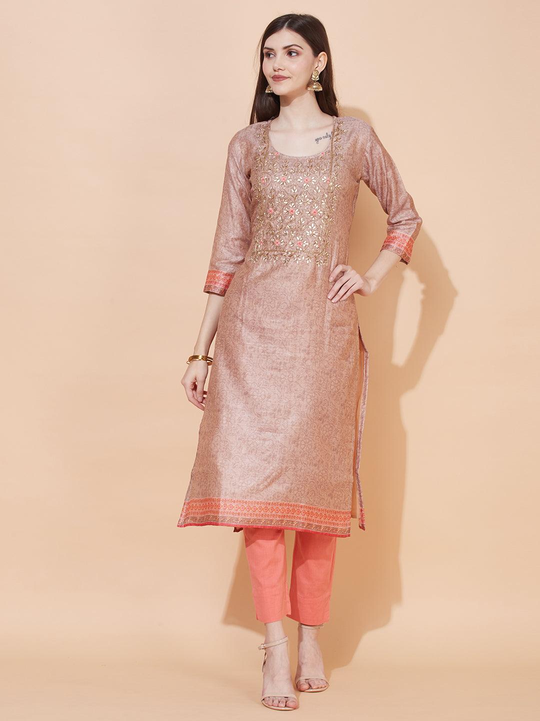 Floral Printed & Hand Embroidered Straight Fit Kurta with Dupatta - Light Brown - Indiakreations