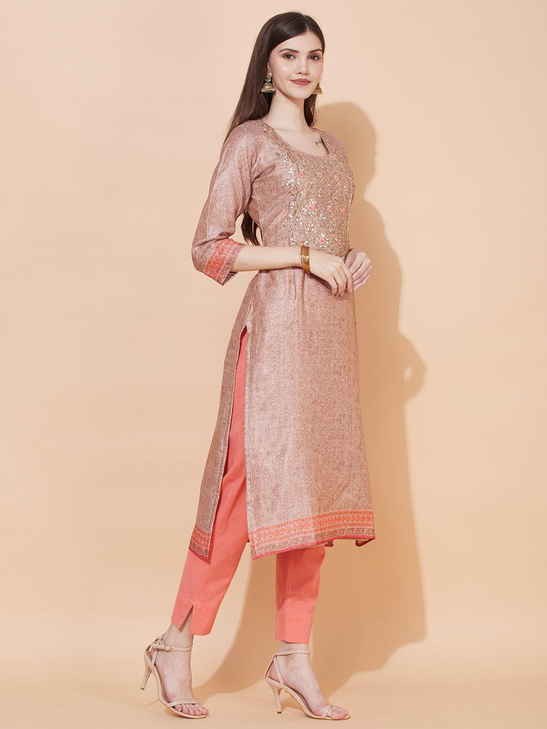 Floral Printed & Hand Embroidered Straight Fit Kurta with Dupatta - Light Brown - Indiakreations