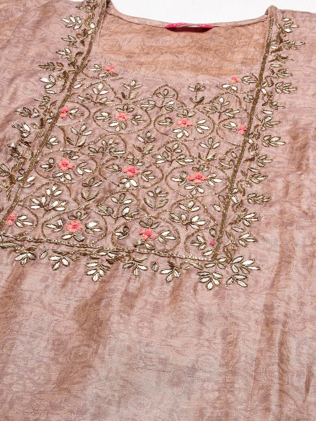 Floral Printed & Hand Embroidered Straight Fit Kurta with Dupatta - Light Brown - Indiakreations