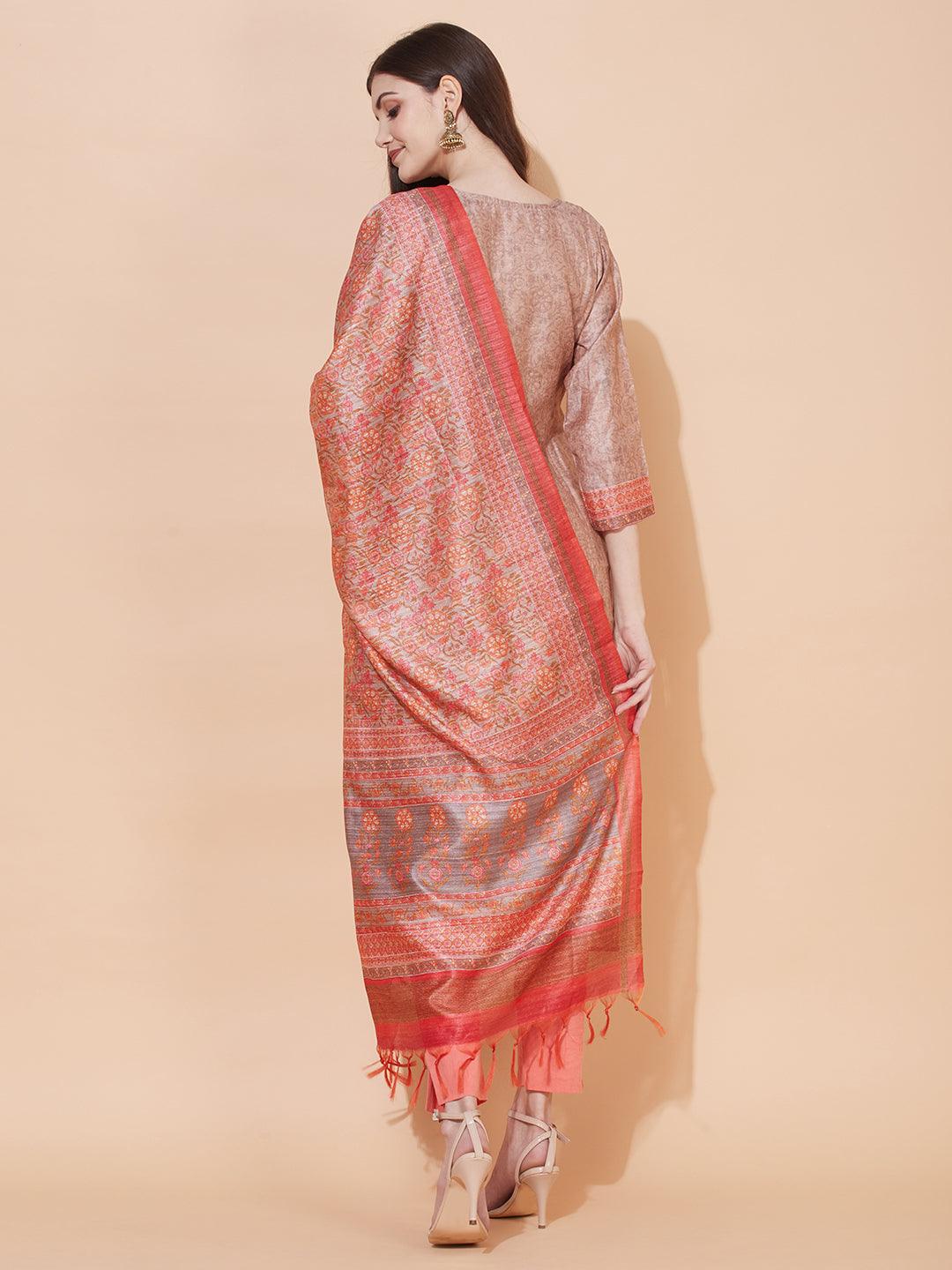 Floral Printed & Hand Embroidered Straight Fit Kurta with Dupatta - Light Brown - Indiakreations