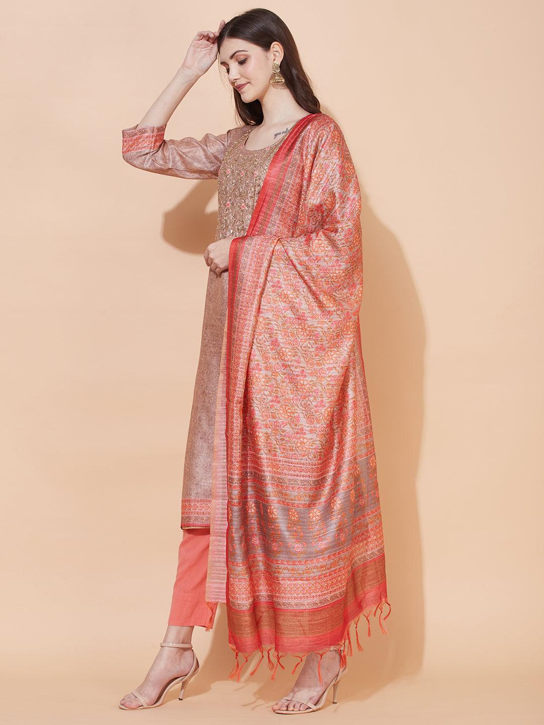 Floral Printed & Hand Embroidered Straight Fit Kurta with Dupatta - Light Brown - Indiakreations