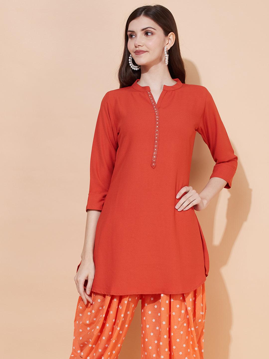 Ethnic Embroidered Straight Fit Short Kurti – Rust - Indiakreations