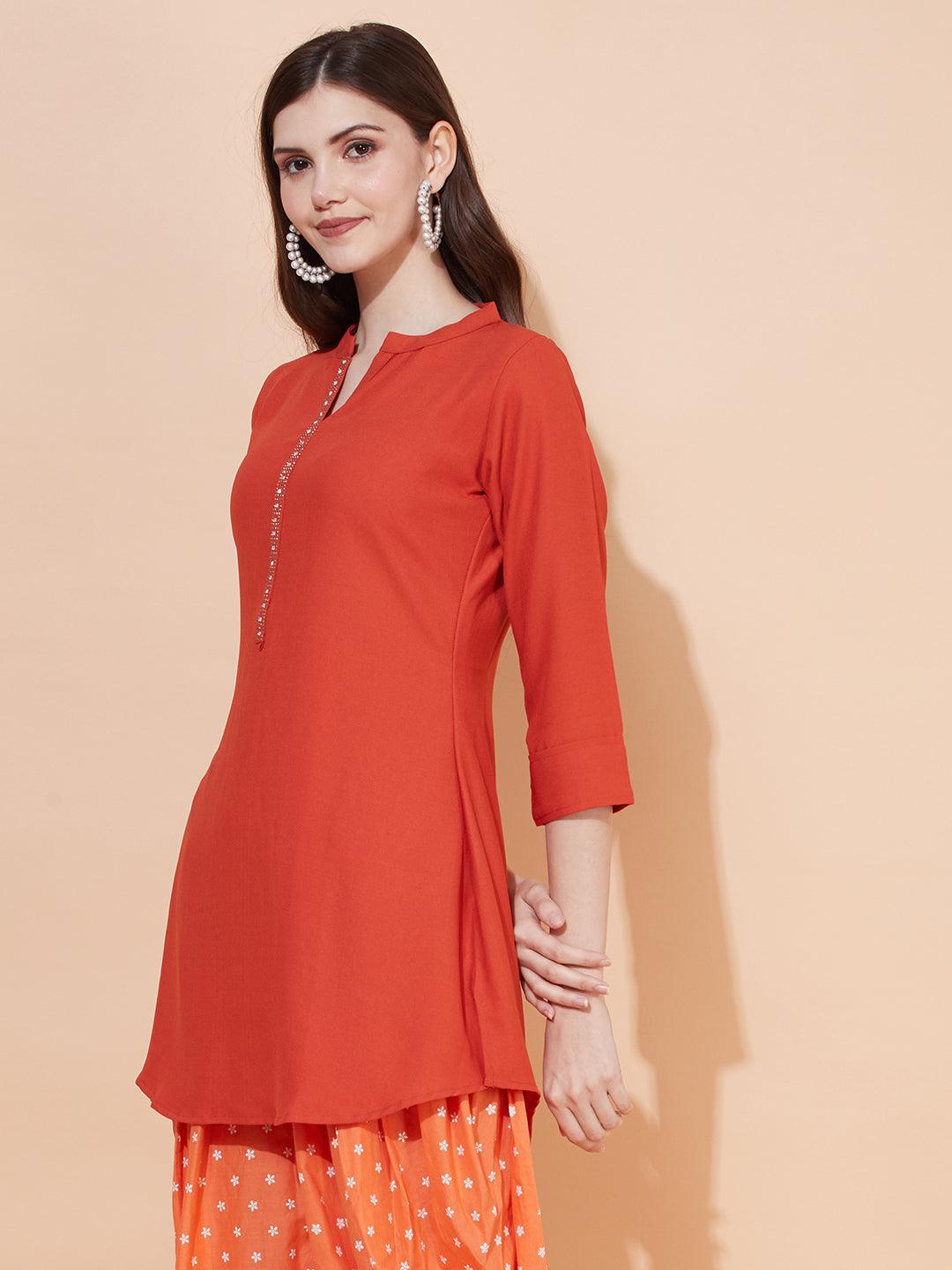 Ethnic Embroidered Straight Fit Short Kurti – Rust - Indiakreations