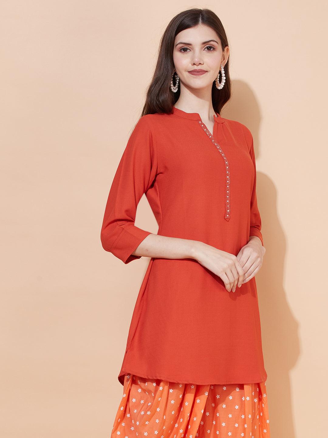 Ethnic Embroidered Straight Fit Short Kurti – Rust - Indiakreations