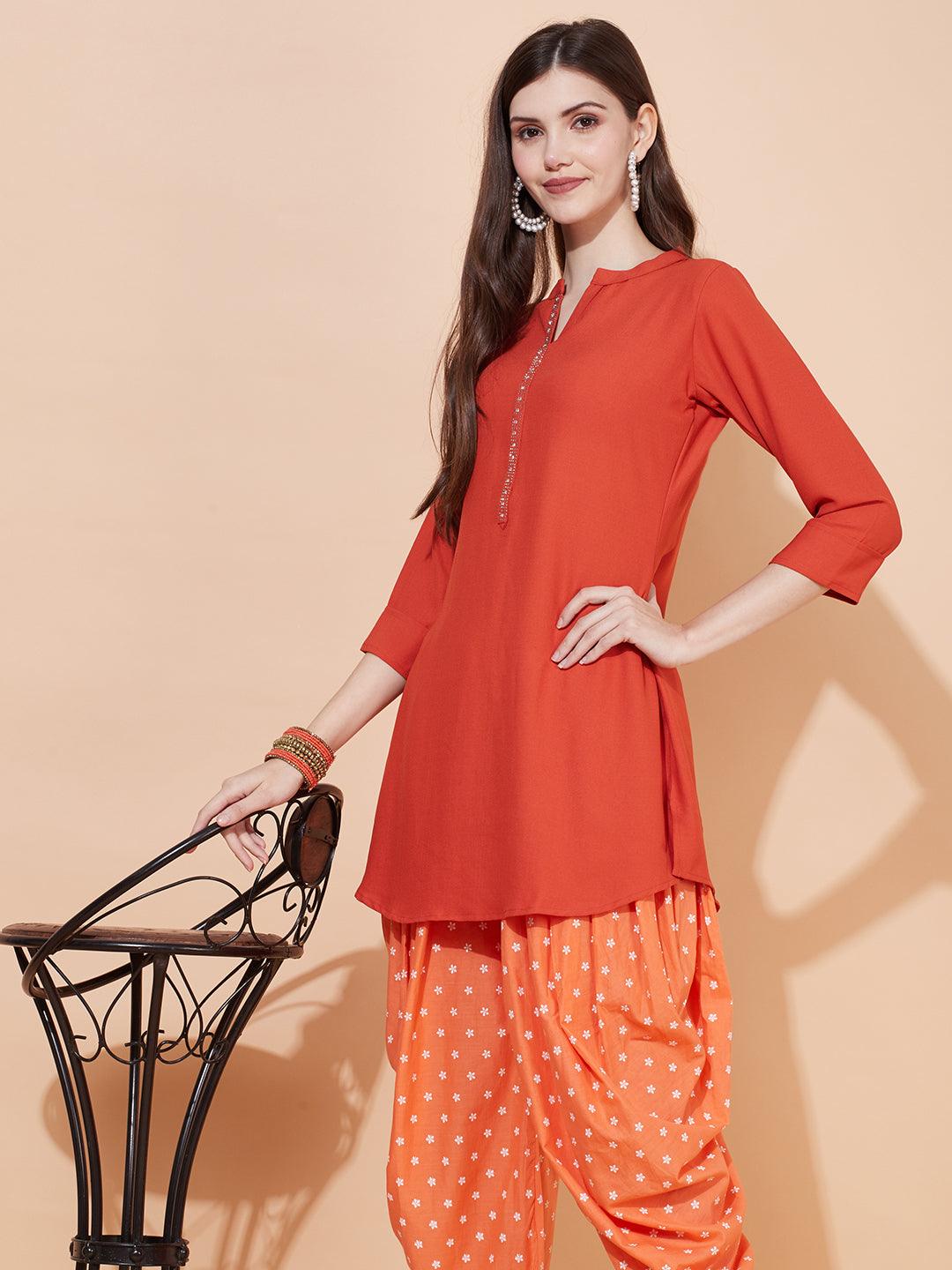 Ethnic Embroidered Straight Fit Short Kurti – Rust - Indiakreations