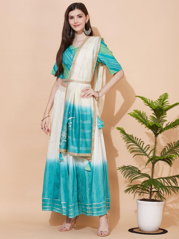 Ethnic Printed Short Top with Flared Skirt & Dupatta - Turquoise - Indiakreations