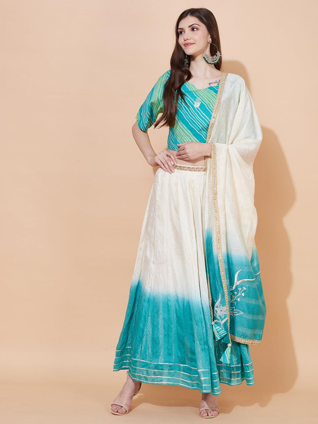 Ethnic Printed Short Top with Flared Skirt & Dupatta - Turquoise - Indiakreations