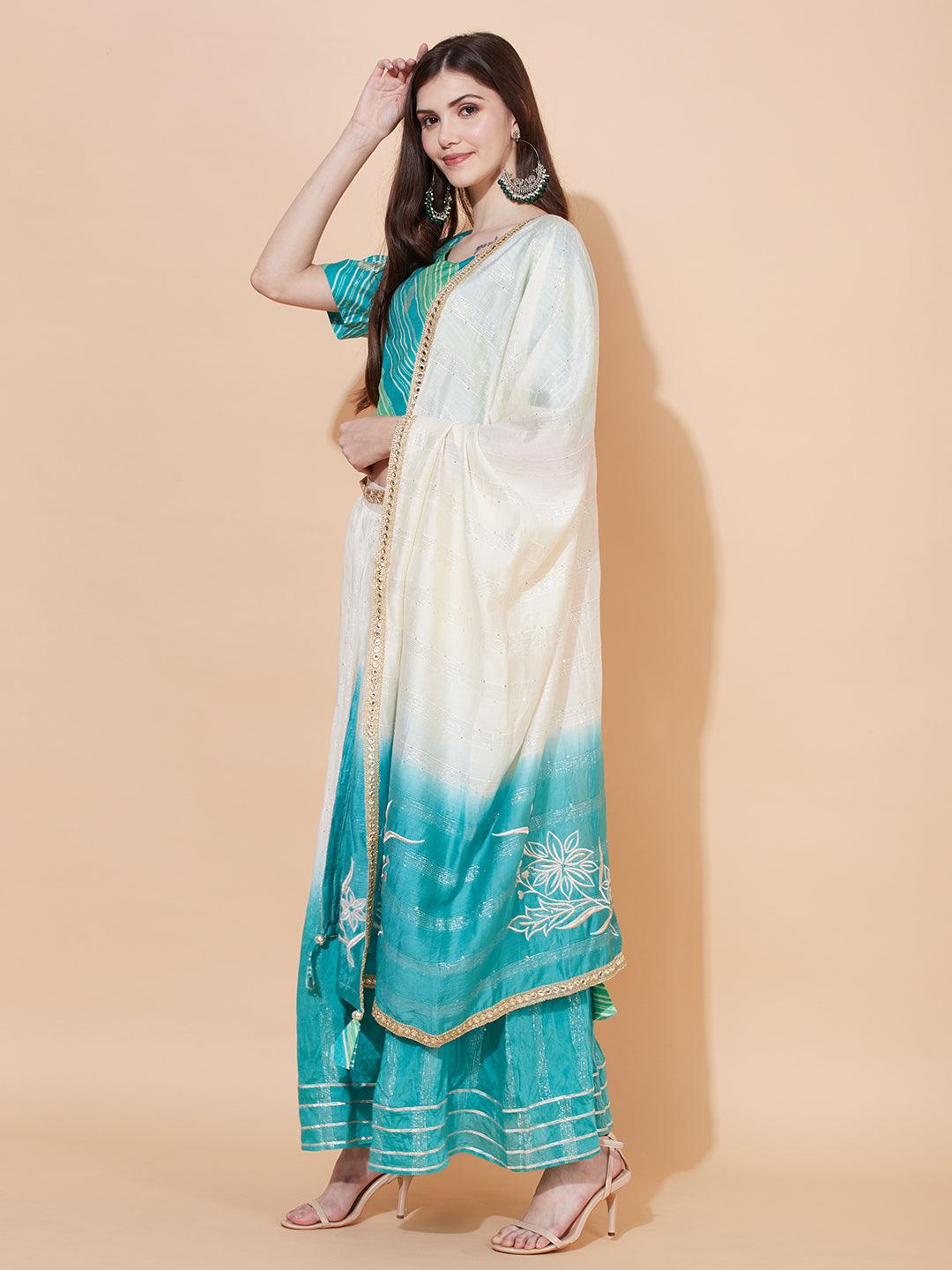 Ethnic Printed Short Top with Flared Skirt & Dupatta - Turquoise - Indiakreations