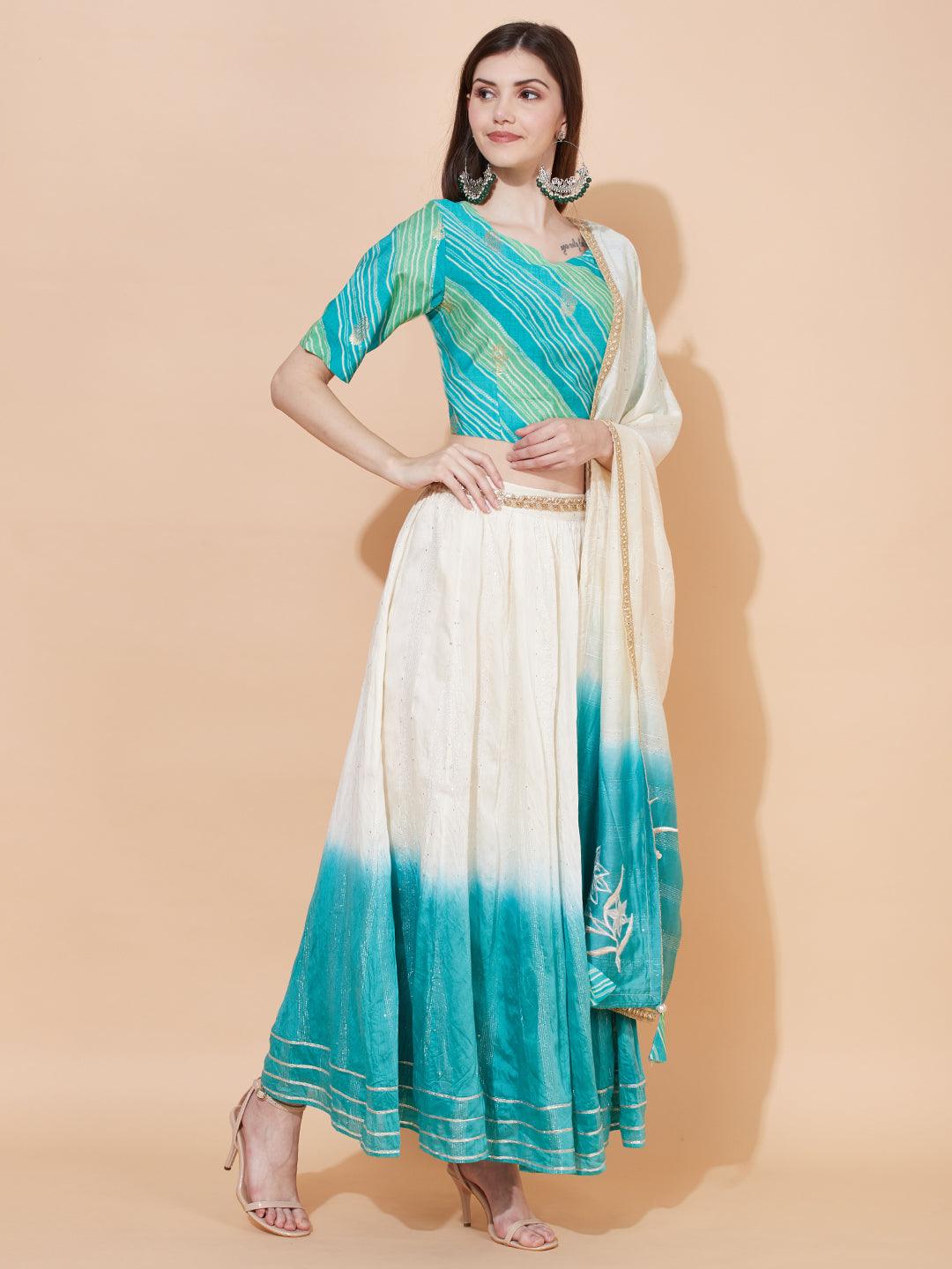 Ethnic Printed Short Top with Flared Skirt & Dupatta - Turquoise - Indiakreations