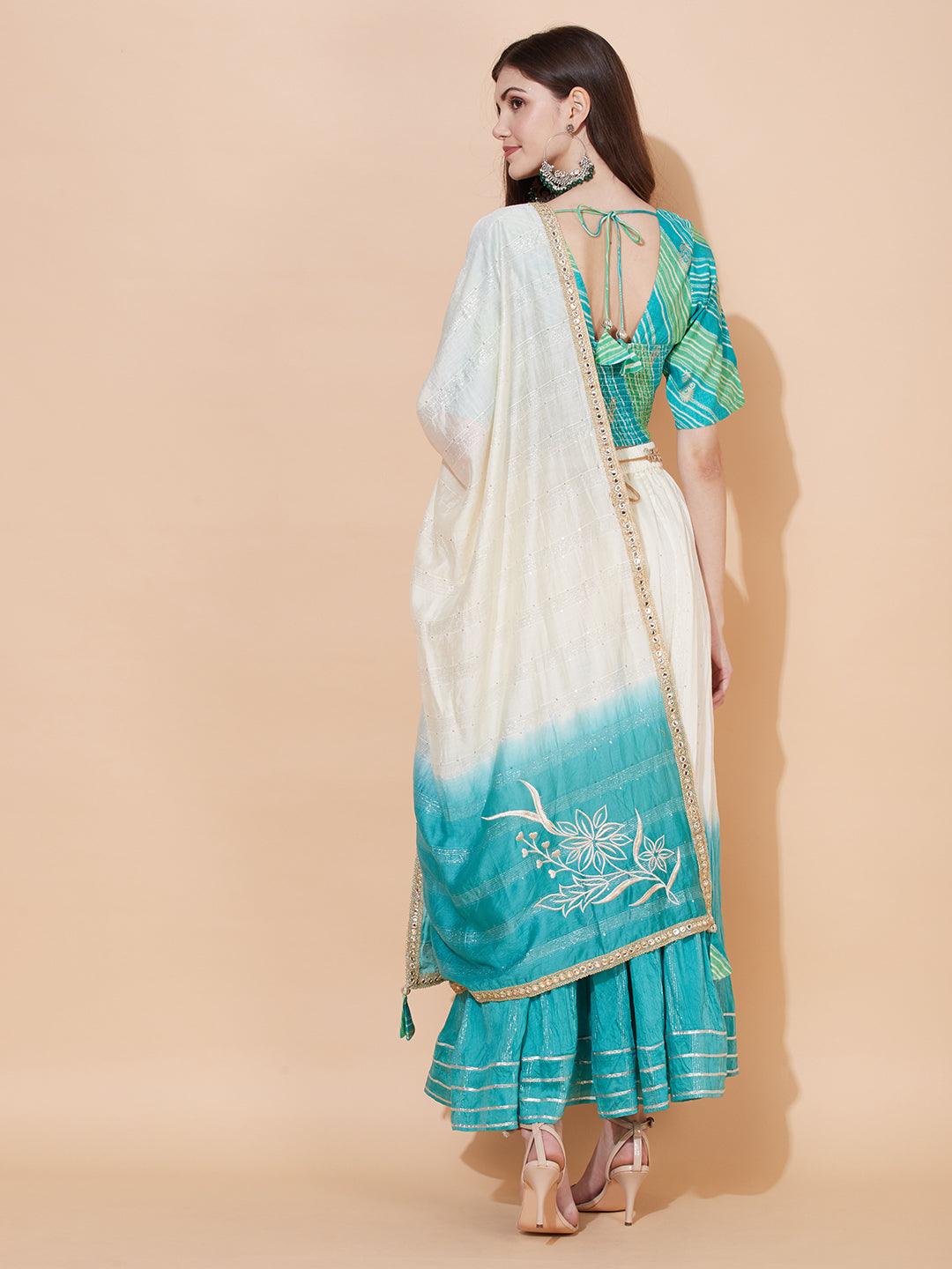 Ethnic Printed Short Top with Flared Skirt & Dupatta - Turquoise - Indiakreations