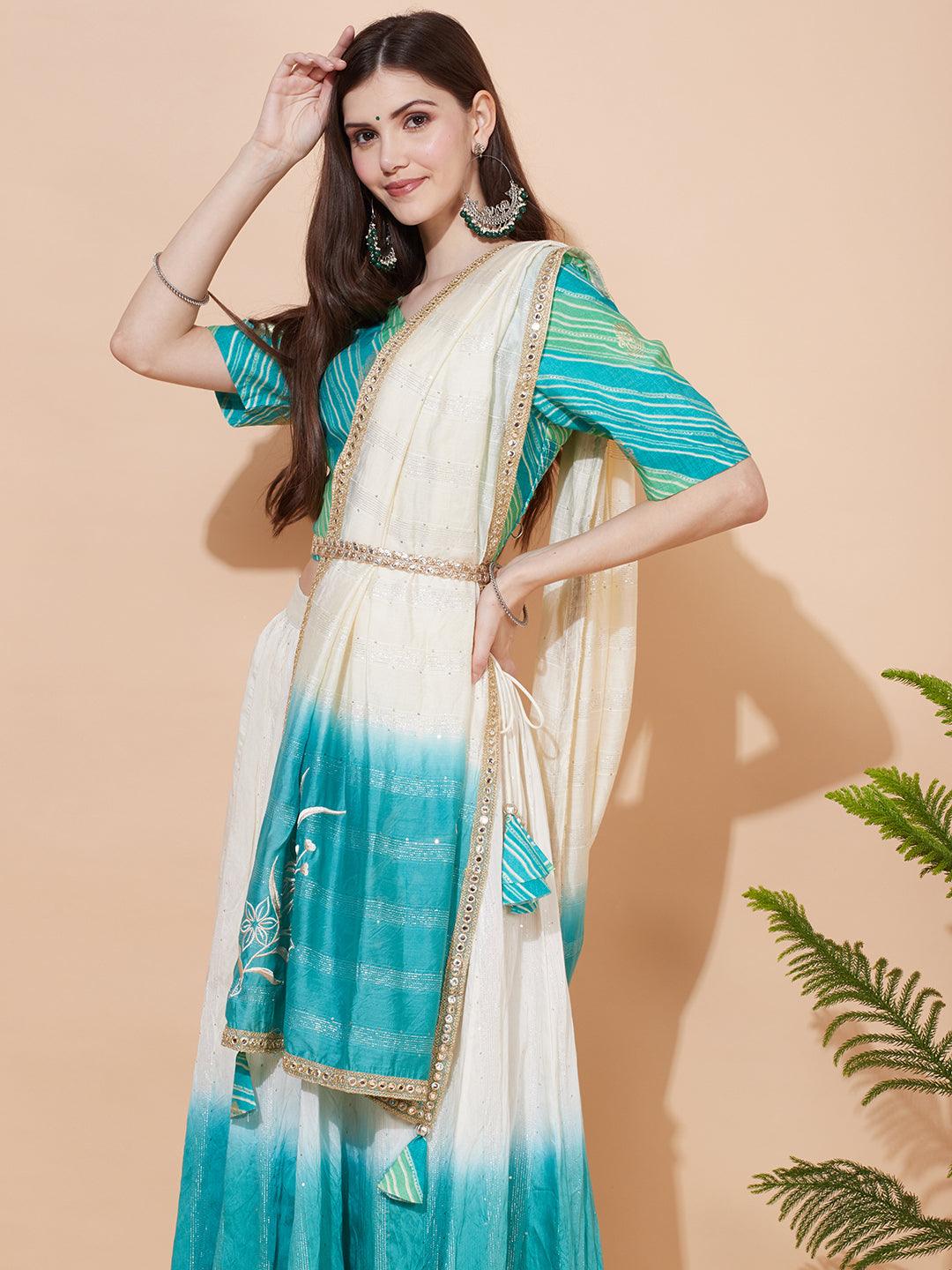 Ethnic Printed Short Top with Flared Skirt & Dupatta - Turquoise - Indiakreations