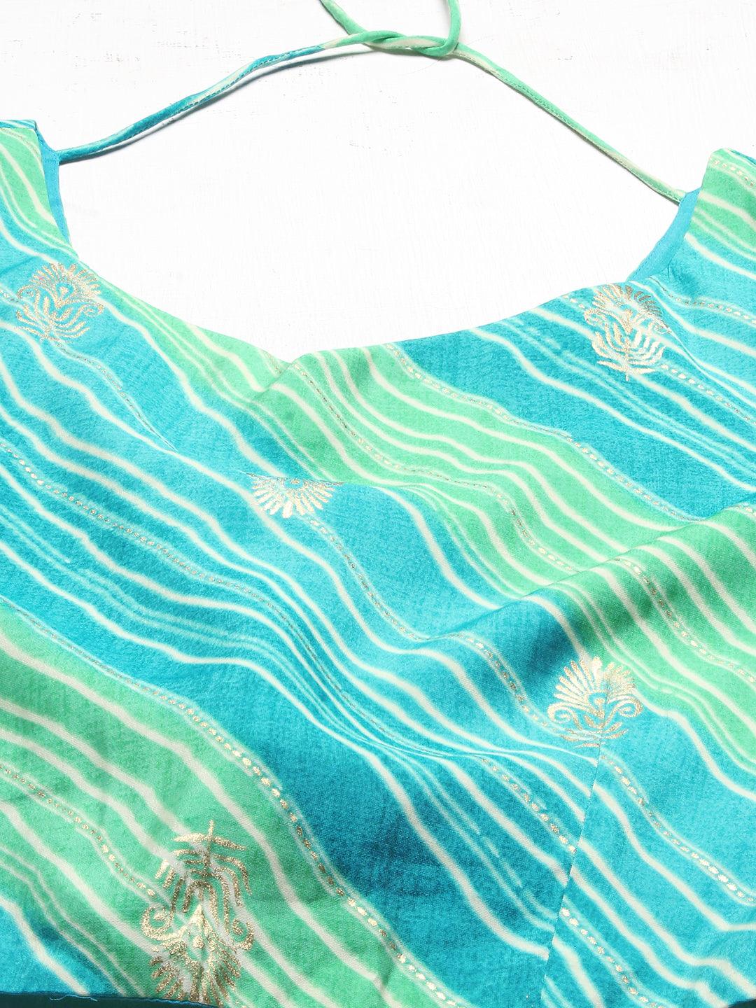 Ethnic Printed Short Top with Flared Skirt & Dupatta - Turquoise - Indiakreations