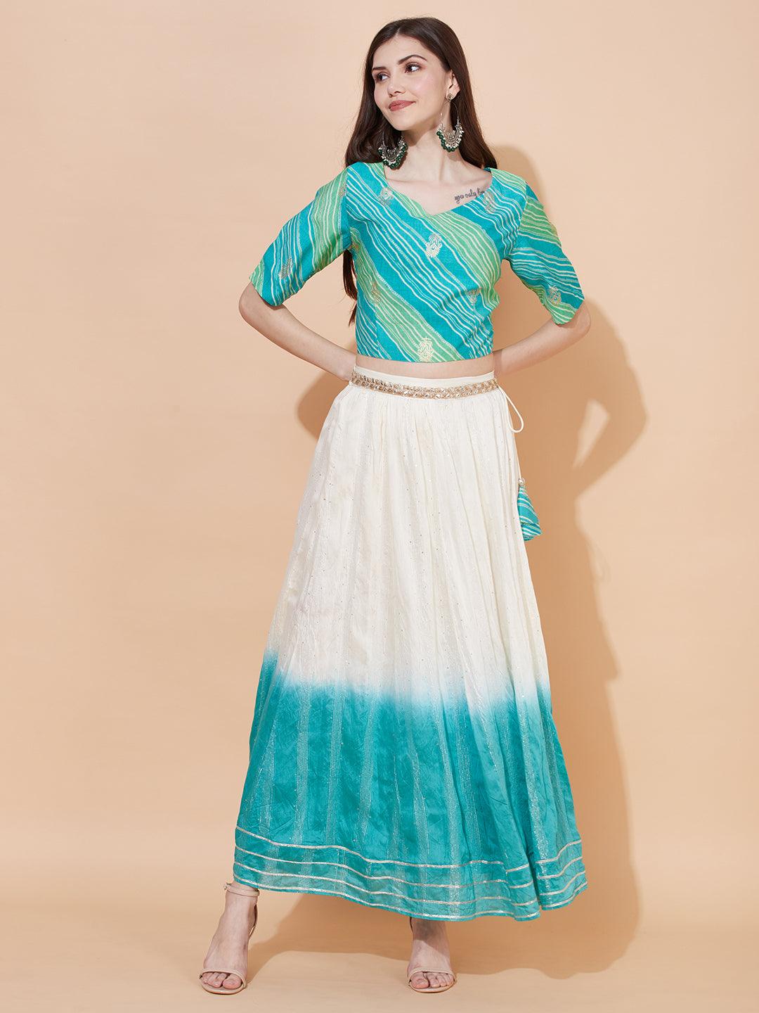 Ethnic Printed Short Top with Flared Skirt & Dupatta - Turquoise - Indiakreations