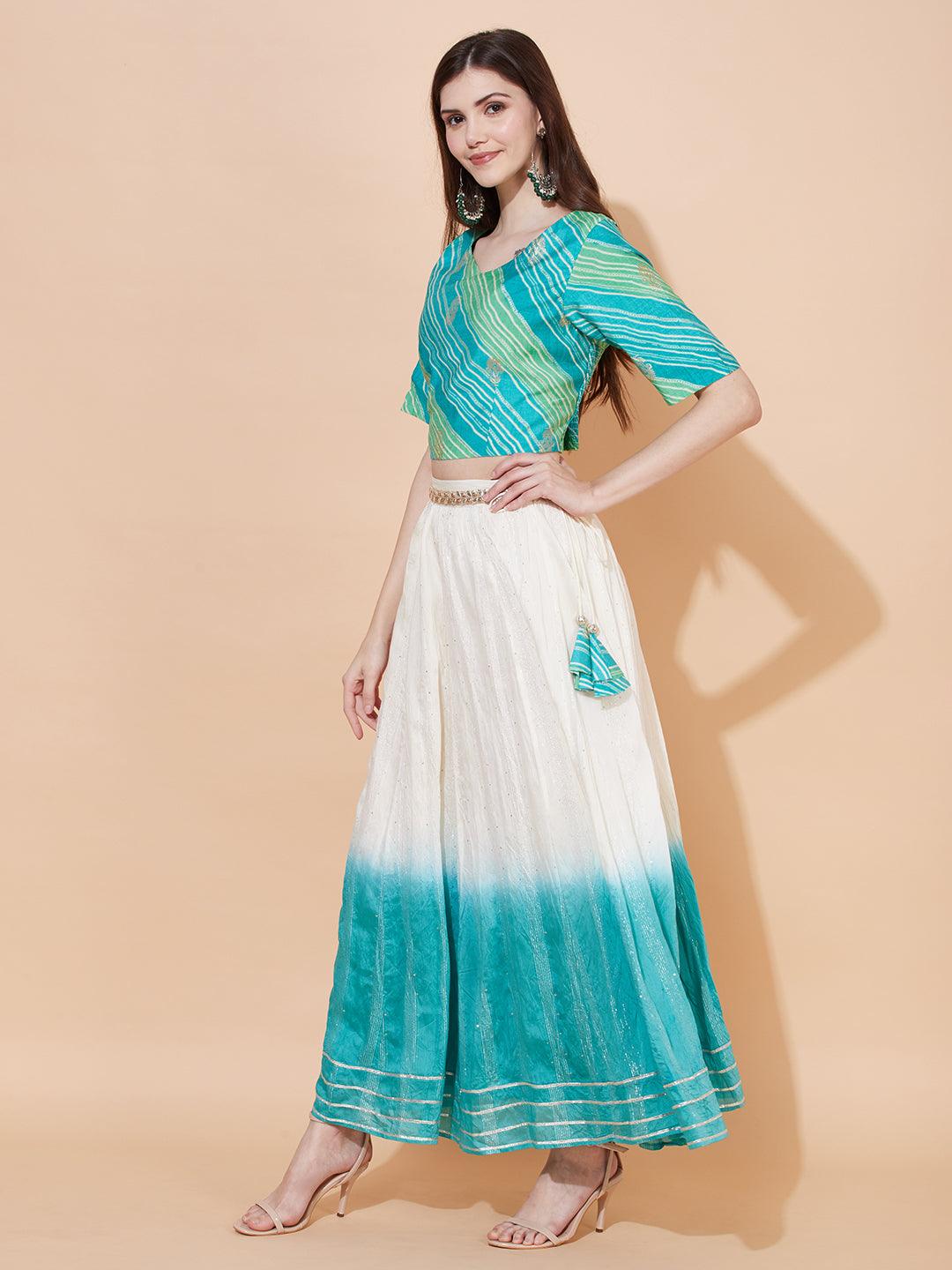 Ethnic Printed Short Top with Flared Skirt & Dupatta - Turquoise - Indiakreations