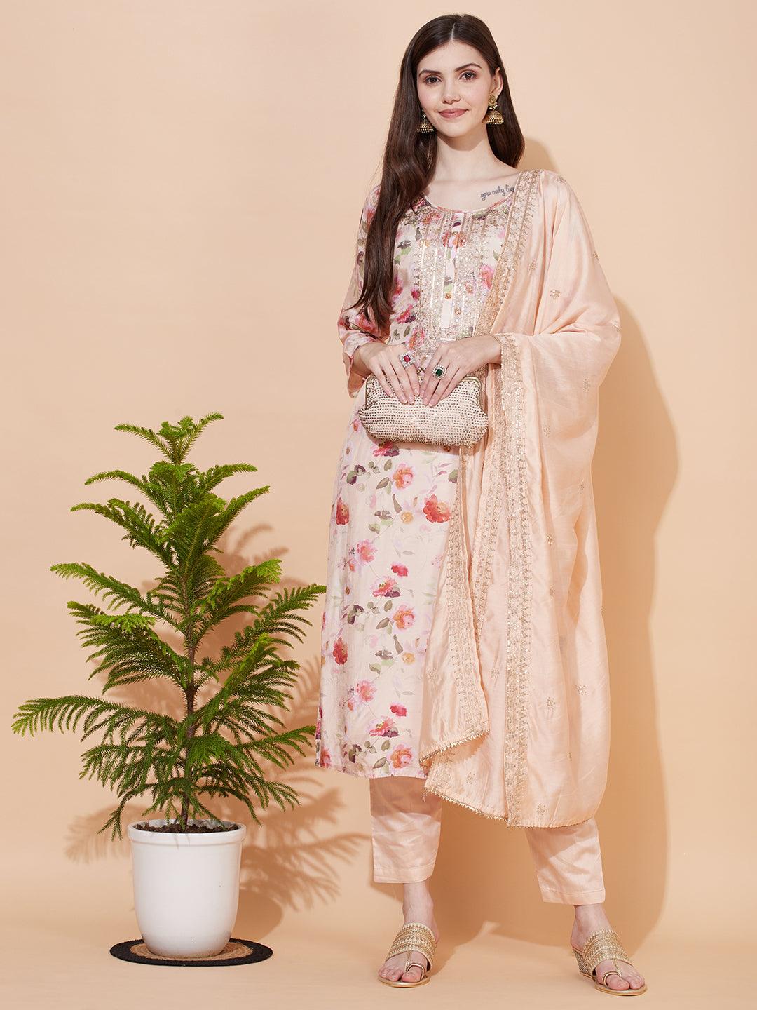 Floral Printed & Embroidered Kurta with Pants & Dupatta - Peach - Indiakreations