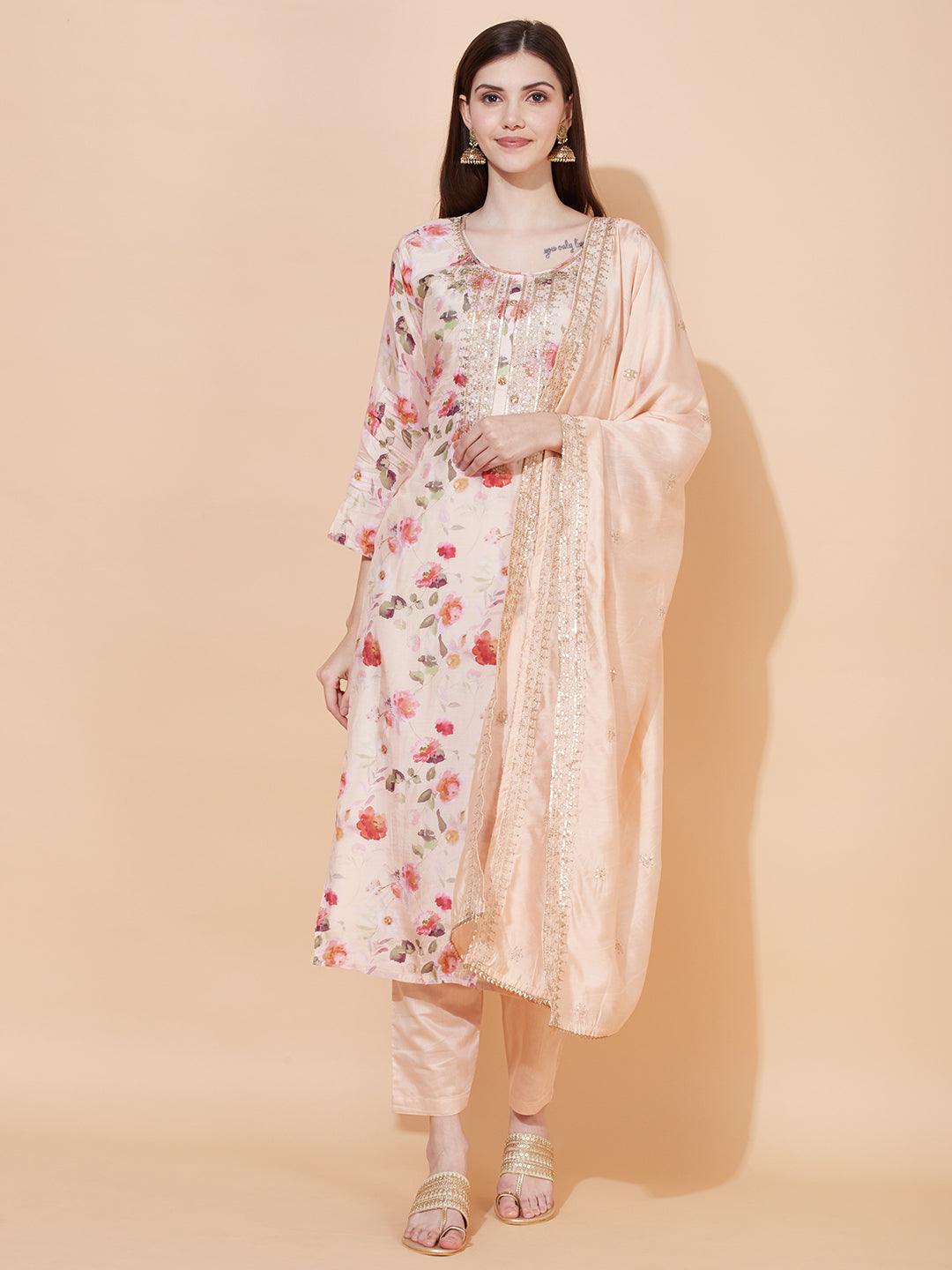 Floral Printed & Embroidered Kurta with Pants & Dupatta - Peach - Indiakreations