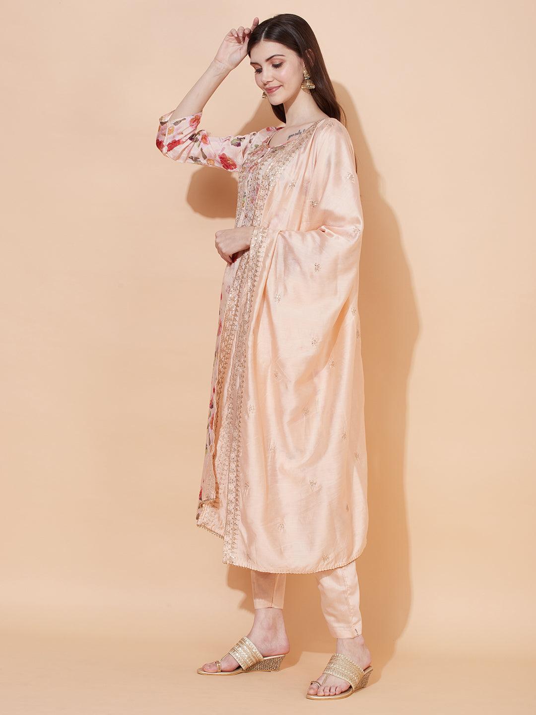 Floral Printed & Embroidered Kurta with Pants & Dupatta - Peach - Indiakreations