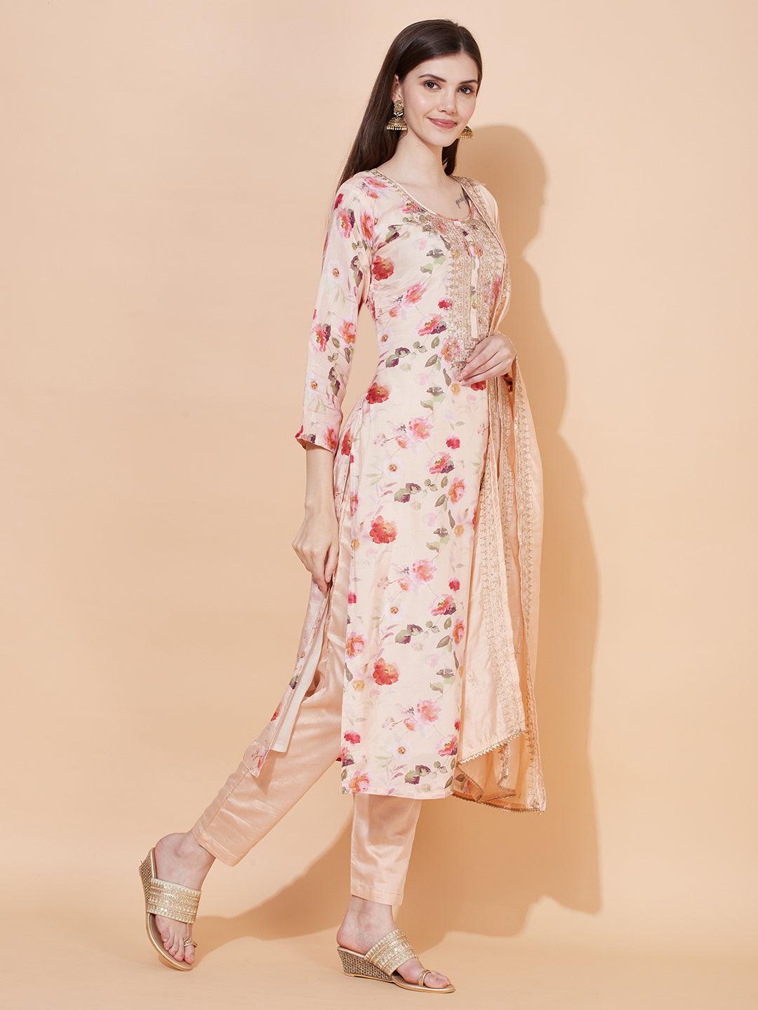 Floral Printed & Embroidered Kurta with Pants & Dupatta - Peach - Indiakreations