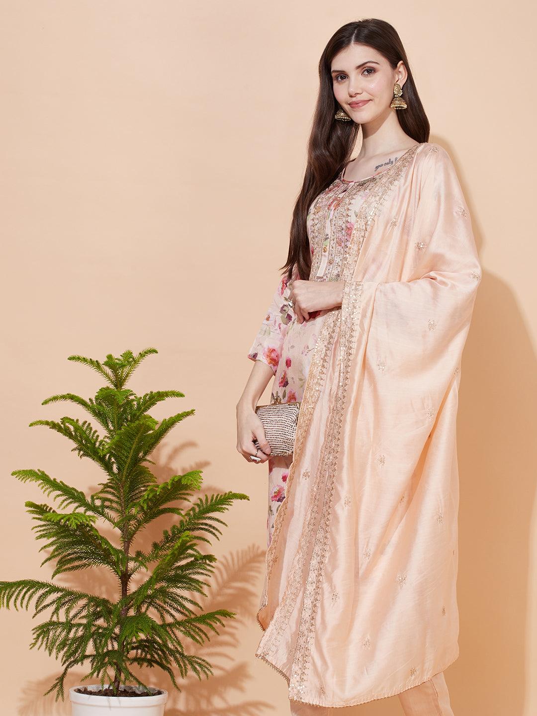 Floral Printed & Embroidered Kurta with Pants & Dupatta - Peach - Indiakreations