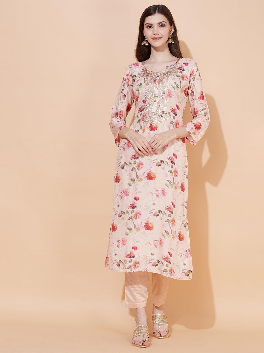 Floral Printed & Embroidered Kurta with Pants & Dupatta - Peach - Indiakreations