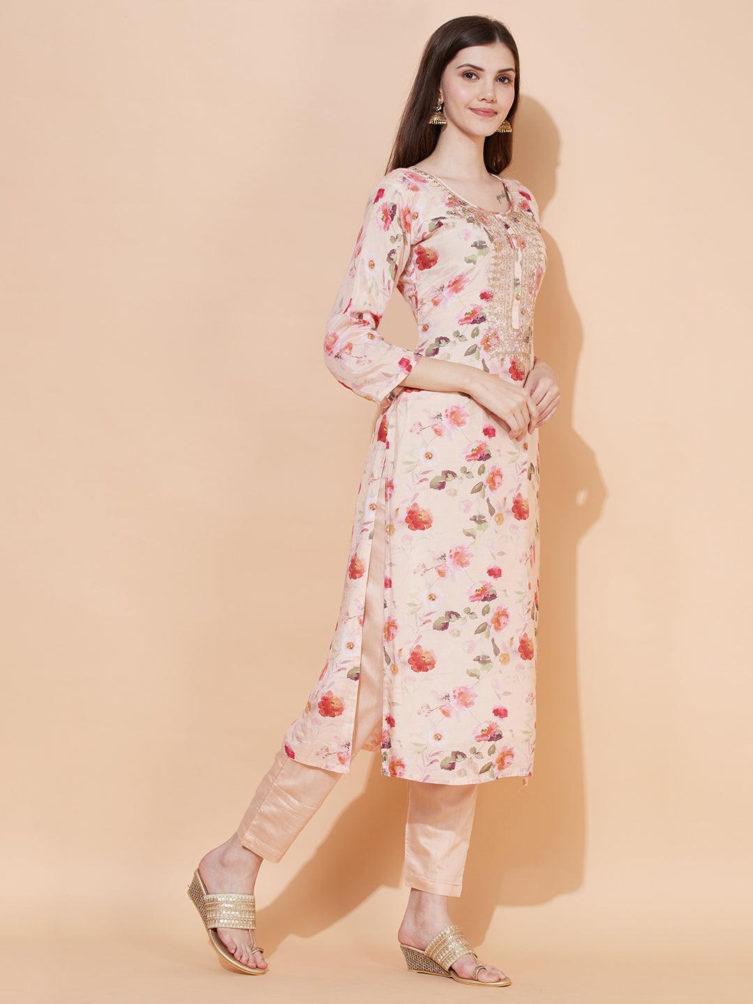 Floral Printed & Embroidered Kurta with Pants & Dupatta - Peach - Indiakreations