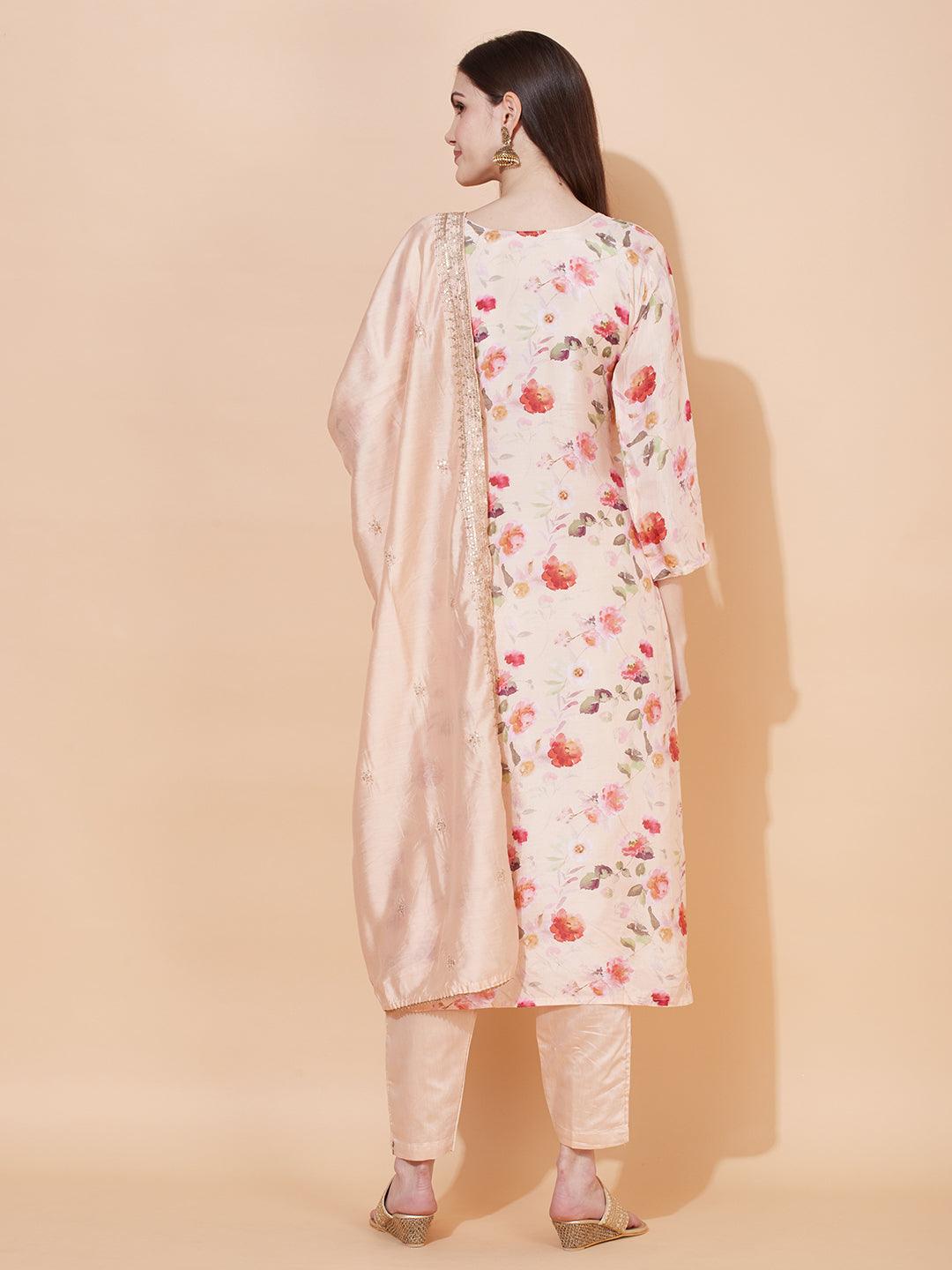 Floral Printed & Embroidered Kurta with Pants & Dupatta - Peach - Indiakreations