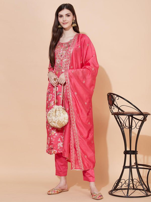 Floral Printed & Embroidered Kurta with Pants & Dupatta - Pink - Indiakreations