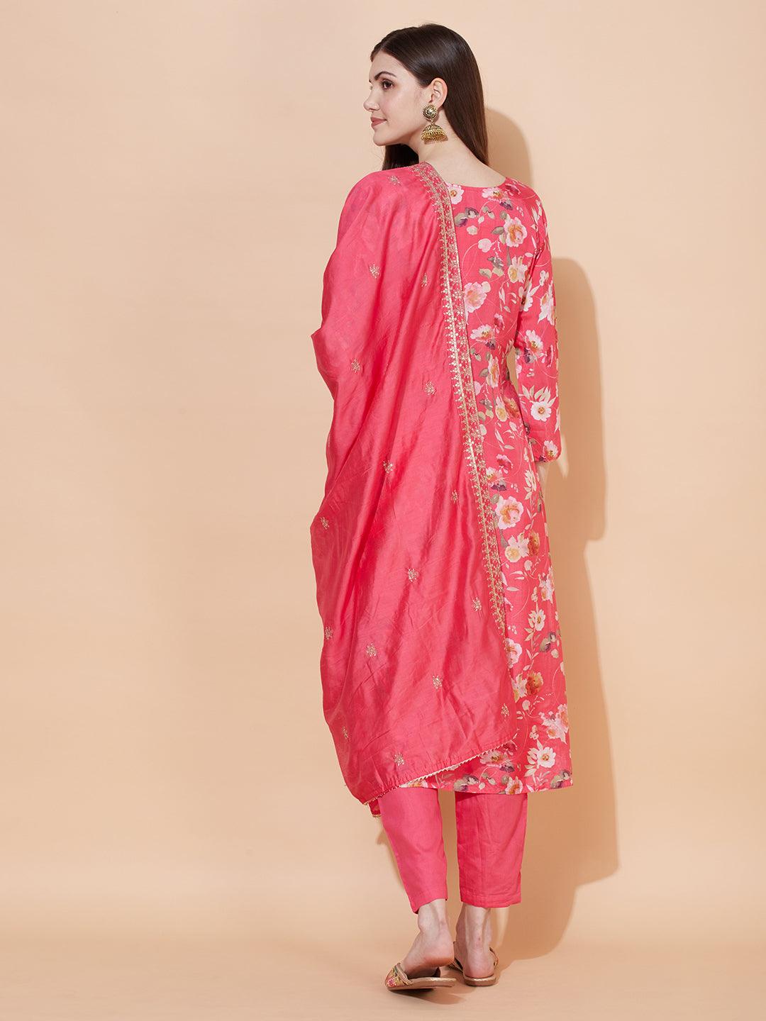 Floral Printed & Embroidered Kurta with Pants & Dupatta - Pink - Indiakreations